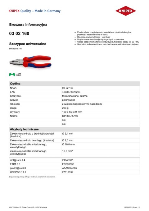 KNIPEX SZCZYPCE UNIWERSALNE PVC 160MM