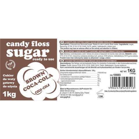 Kolorowy cukier do waty cukrowej brązowy o smaku coca-coli 1kg