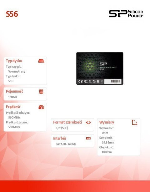 Silicon Power Silicon Power | S56 | 120 GB | Format SSD 2,5" | Interfejs SSD SATA | Prędkość odczytu 460 MB/s | Prędkość zapisu 360 MB/s