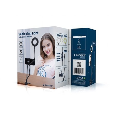 Gembird Światło pierścienia do selfie Gembird z uchwytem na telefon | Gembird LED-RING4-PH-01 | Regulacja jasności | Metal + ABS | Czarn