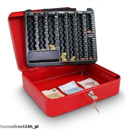 Kasetka na pieniądze 30cm z wkładem na bilon czerwony schowek metalowy uniwersalny