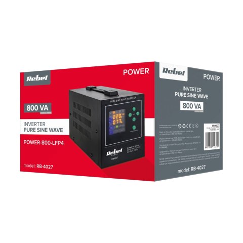 Zasilacz awaryjny Rebel POWER-800-LFP4 - przetwornica z czystym przebiegiem sinusoidalnym i funkcją ładowania 12V 230V 800VA/50