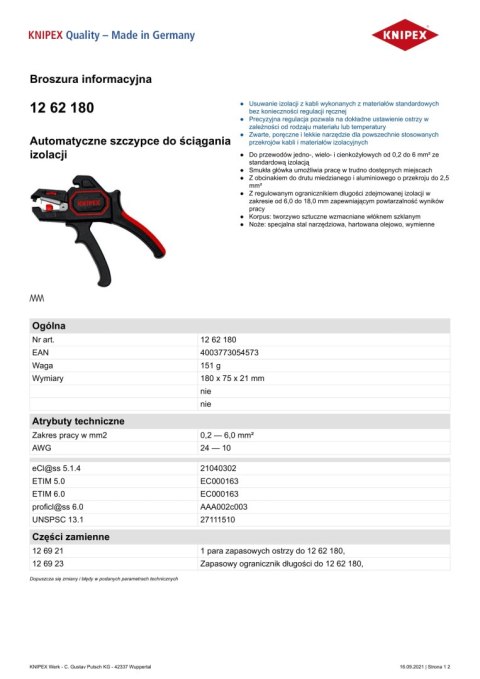 KNIPEX SZCZYPCE AUTOMATYCZNE DO ŚCIĄGANIA IZOLACJI STRIPPERS