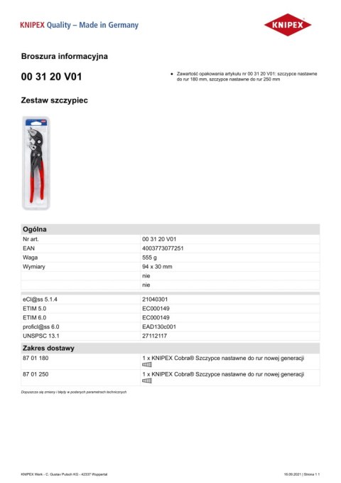 KNIPEX ZESTAW SZCZYPIEC NASTRAWNYCH DO RUR COBRA 2SZT.