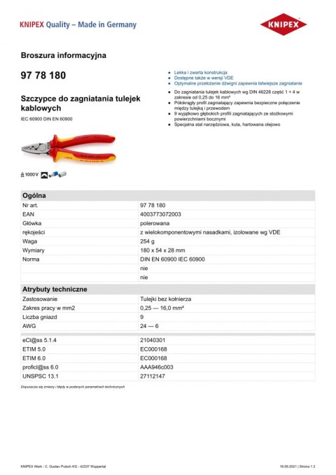 KNIPEX SZCZYPCE DO ZAGNIATANIA TULEJEK 180MM