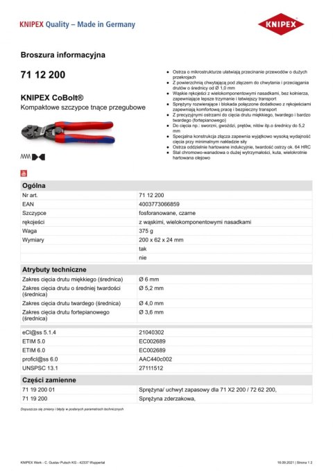 KNIPEX SZCZYPCE TNĄCE PRZEGUBOWE ZE SPRĘŻYNĄ COBOLT 200MM