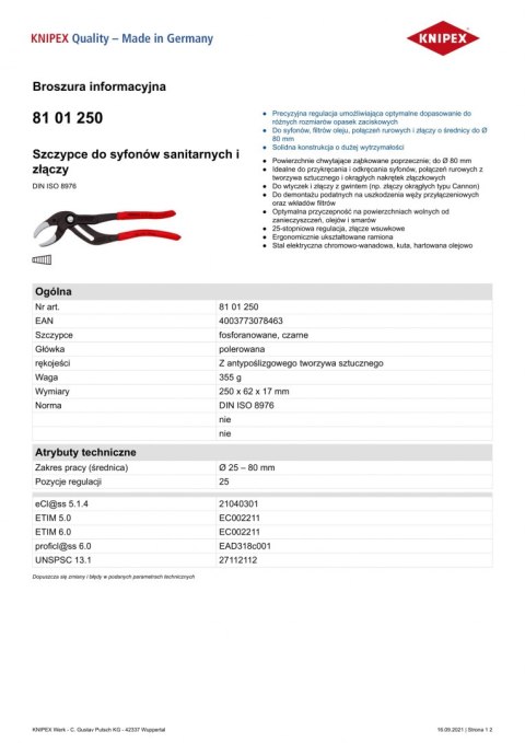 KNIPEX SZCZYPCE DO SYFONÓW SANITARNYCH I ZŁĄCZY 250MM, 25-80MM