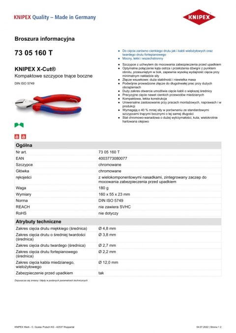 KNIPEX KOMPAKTOWE SZCZYPCE TNĄCE BOCZNE X-CUT 160MM