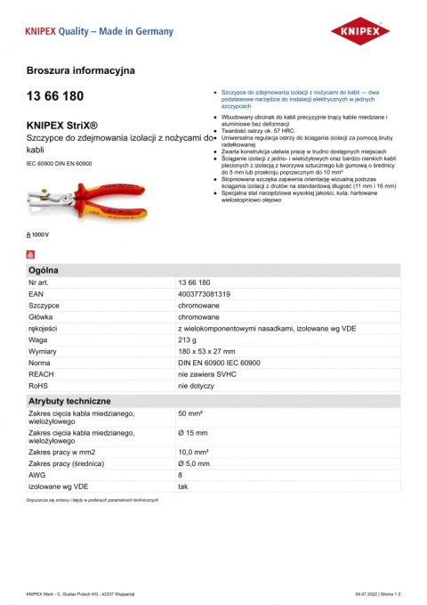 KNIPEX SZCZYPCE DO ZDEJMOWANIA IZOLACJI Z NOŻYCAMI DO KABLI 180MM