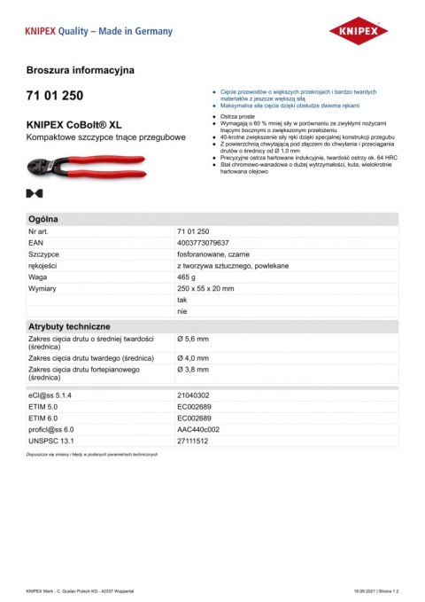 KNIPEX SZCZYPCE TNĄCE PRZEGUBOWE COBOLT XL 250MM