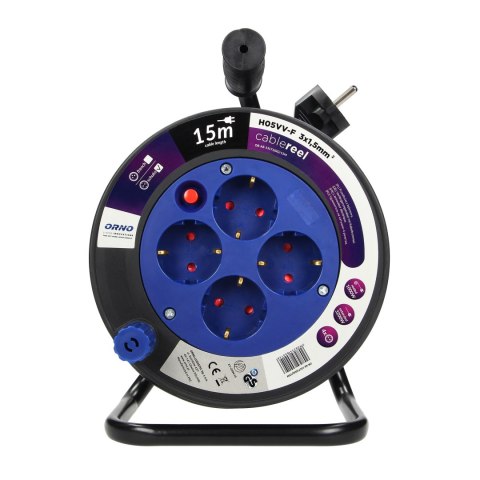 Przedłużacz bębnowy MINI, 4 gniazda 2P+Z (schuko), metalowy stojak, polwinit H05VV-F 3x1.5mm? - 15m