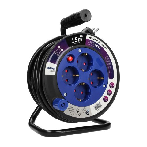 Przedłużacz bębnowy MINI, 4 gniazda 2P+Z (schuko), metalowy stojak, polwinit H05VV-F 3x1.5mm? - 15m