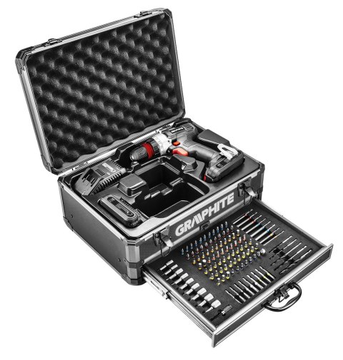 Zestaw Energy+ w walizce aluminiowej: wiertarko wkrętarka 18V 10mm, akumulator 2x2Ah, 109 akcesoriów