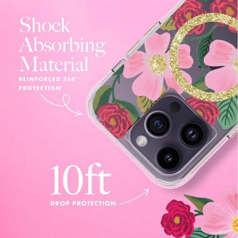ND38_RP049234 Rifle Paper Clear MagSafe - Etui iPhone 14 Pro zdobione złotem (Rose Garden)