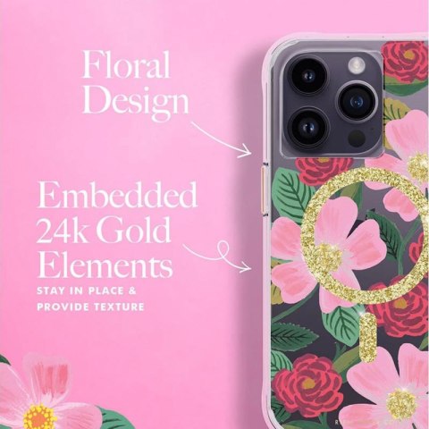 ND38_RP049234 Rifle Paper Clear MagSafe - Etui iPhone 14 Pro zdobione złotem (Rose Garden)