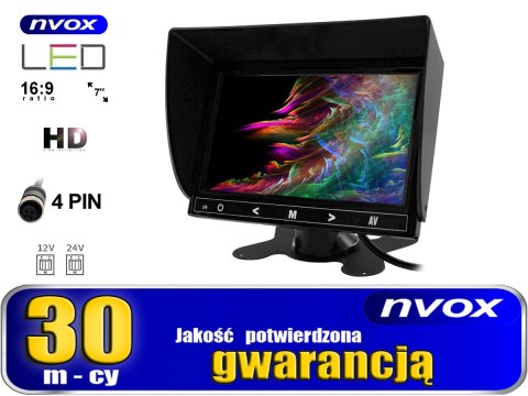 Monitor samochodowy lub wolnostojący LCD 7cali cali HD AV z obsługa do 2 kamer 4PIN 12V... (NVOX