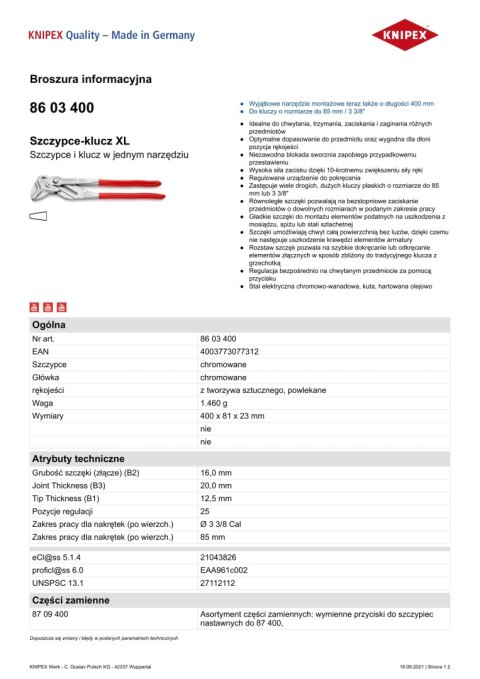 KNIPEX SZCZYPCE-KLUCZ XL 400MM