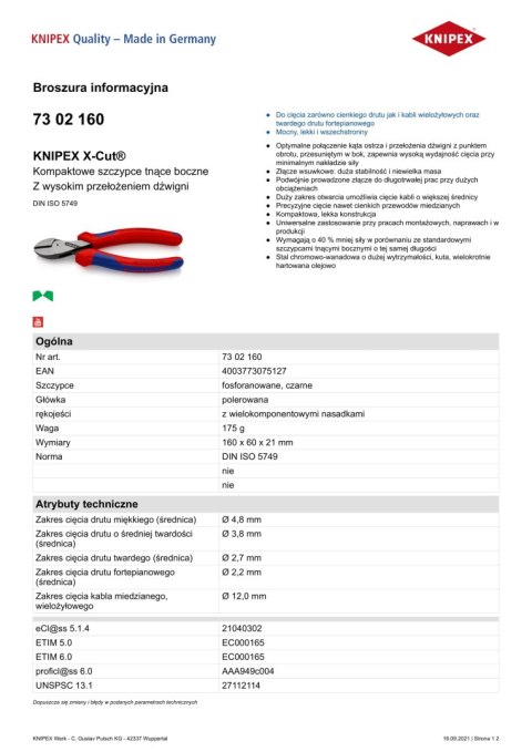 KNIPEX SZCZYPCE TNĄCE BOCZNE X-CUT 160MM