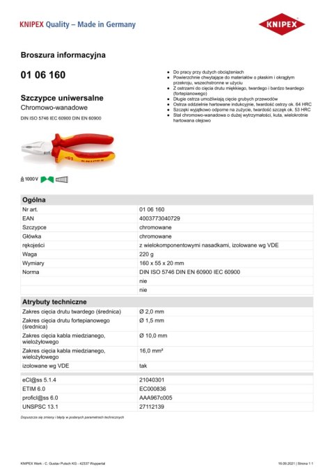 KNIPEX SZCZYPCE UNIWERSALNE VDE 1000V 160MM