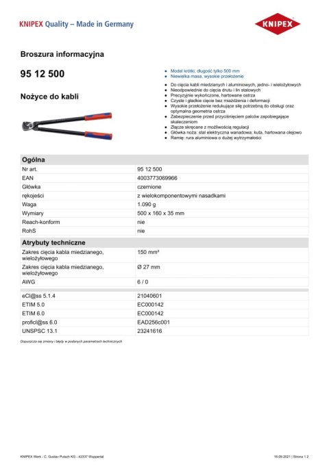 KNIPEX NOŻYCE DO KABLI 500MM