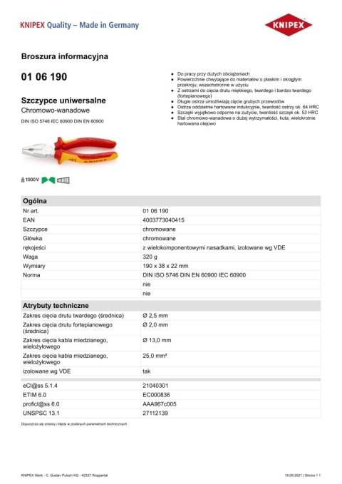 KNIPEX SZCZYPCE UNIWERSALNE VDE 1000V 190MM