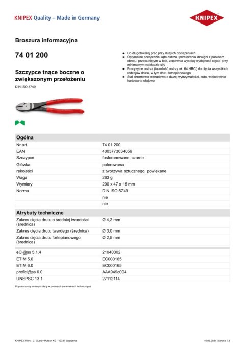 KNIPEX SZCZYPCE TNĄCE BOCZNE O ZWIĘKSZONYM PRZEŁOŻENIU 200MM