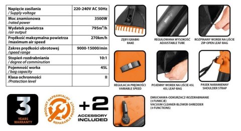 NEO ODKURZACZ OGRODOWY 3500W WOREK 45L