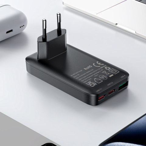 Ładowarka sieciowa płaska 65W GaN 2 USB-C USB-A ultra cienka - czarna