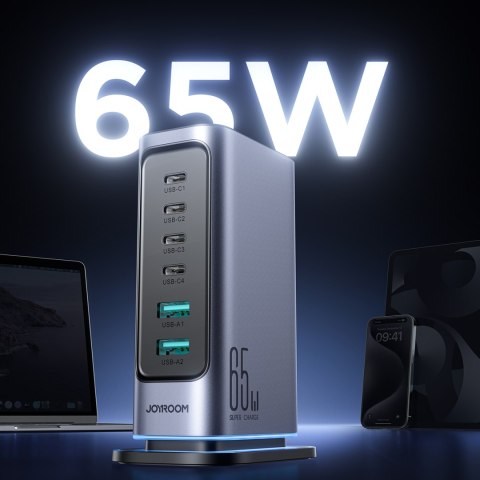 Stacja ładowania ładowarka wieloportowa GaN 65W EU 4x USB-C i 2x USB-A - ciemnoszara