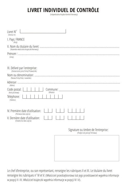 Książka czasu pracy kierowcy FRANCJA - LIVRET INDIVIDUEL DE CONTROLE - 10 szt.
