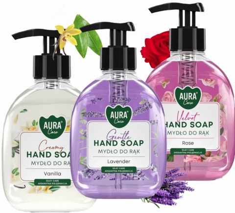 Zestaw 3x300 ml AURA Care Mydło Do Rąk Z Dozownikiem Lawenda Róża Wanilia