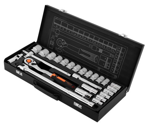 Zestaw kluczy nasadowych 1/2", 25 szt., CrV