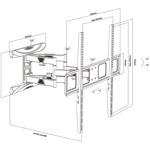 Uchwyt do TV Maclean, max VESA 800x600, 43-100", 80kg, reg.kąta w pionie i poziomie, profil 50-500mm, czarny, MC-423