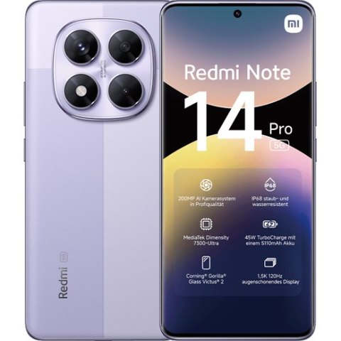 Xiaomi Phones Xiaomi Redmi | Note 14 Pro | Lavender Purple | 6.67 " | AMOLED | 1220 x 2712 pixels | Mediatek | Internal RAM 8 GB | 256 GB | Du