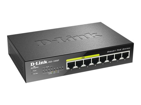 D-Link D-Link | 8-portowy przełącznik Gigabit PoE (4xPoE) | DGS-1008P | Niezarządzany | Desktop | Typ zasilania Zewnętrzny
