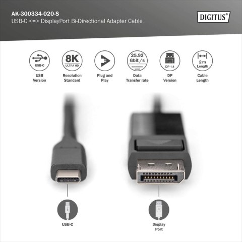 Digitus DIGITUS USB Type-C DisplayPort Bi-Directional Adapter Cable, 2 m | Digitus