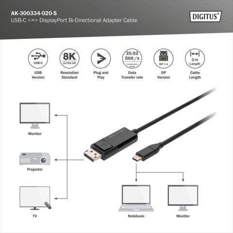 Digitus DIGITUS USB Type-C DisplayPort Bi-Directional Adapter Cable, 2 m | Digitus
