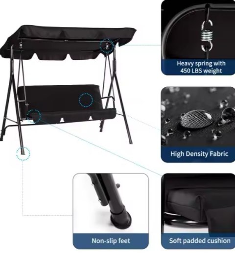 Huśtawka Trzyosobowa Ogrodowa Bujana Materac Czarna