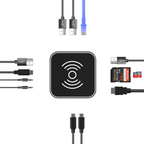 12w1 Hub z ładowarką bezprzewodową USB-A USB-C HDMI RJ45 SD TF mini jack - szary