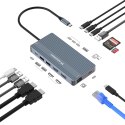 14w1 HUB do 3 monitorów USB-A USB-C DisplayPort HDMI RJ45 SD TF mini jack - szary