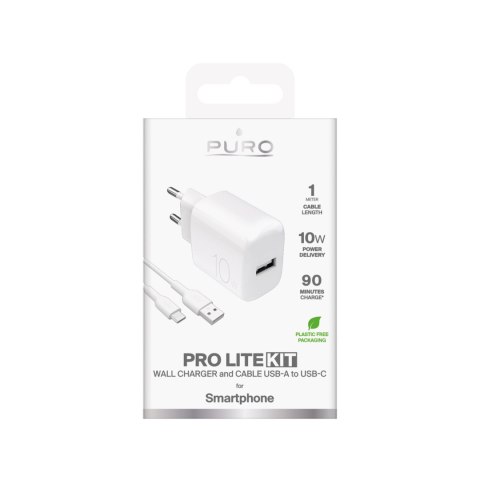Ładowarka sieciowa USB-A PROLITE 10W z kablem USB-A - USB-C 1.2m - biała