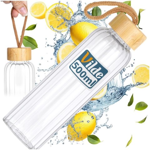 Butelka na Wodę VILDE Szklana 500 ml Zakrętka Bambus Borokrzem