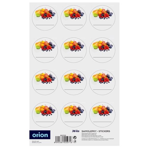 Etykiety Samoprzylepne na Słoiki ORION 36 szt. Okrągłe z Owocami Kolorowe