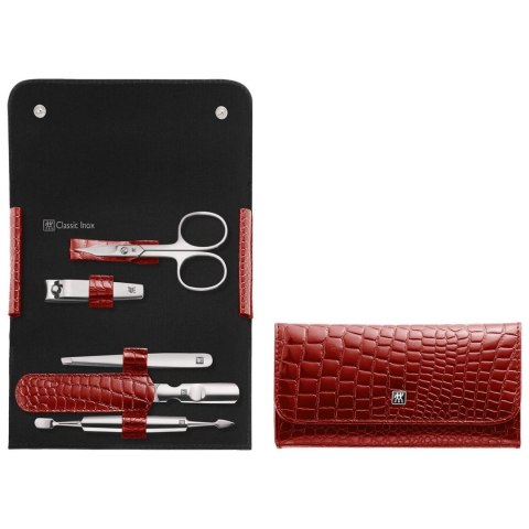 Zestaw podróżny do manicure Zwilling Classic Inox - skórzane etui, 5 elementów - Czerwony