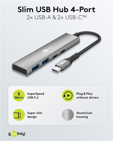 Goobay Goobay 76563 Slim 4-portowy koncentrator USB, USB-C™ auf USB-C™/USB-A, 5 Gbit/s, szary