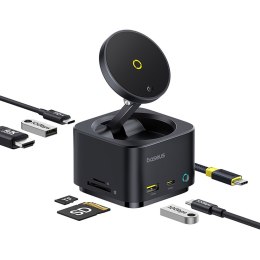 7w1 HUB z ładowarką bezprzewodową HDMI USB-A USB-C SD TF MagSafe 15W - czarny