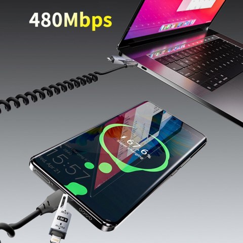 Kabel przewód spiralny 4w1 USB-A / USB-C - Lightning / USB-C - czarny