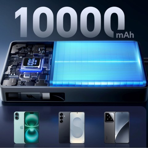 Powerbank 10000mAh 22.5W ze zwijanym kablem USB-C - czarny