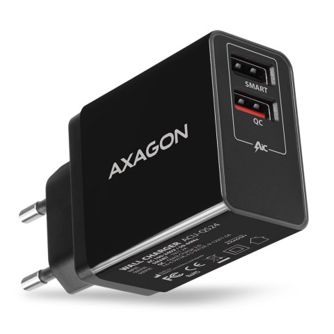 AXAGON AXAGON Dual wallcharger 240V/2x USB port QC3.0/AFC/FCP and 5V-1.2A, 24W | ACU-QS24