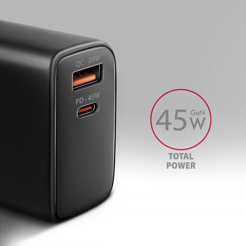 AXAGON AXAGON GaN wallcharger 2x port (USB-A + USB-C), PD3.0/PPS/QC4+/SFC2.0/AFC/SCP/FCP/Apple, 45W | ACU-PQ45